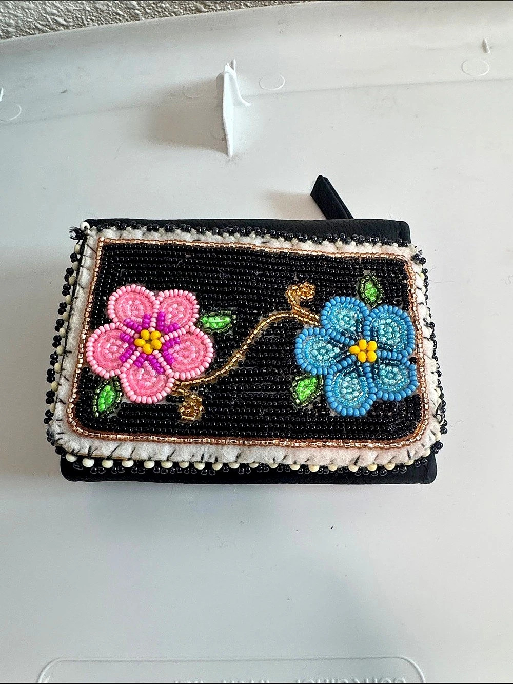 Beaded Floral Wallet in Black & Pink